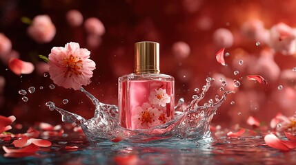 A stunning perfume bottle surrounded by pink petals and splashing water, capturing beauty and elegance in a vibrant scene.
