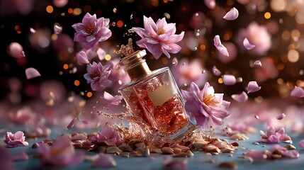 A stunning scene featuring a perfume bottle surrounded by floating flowers, capturing elegance and beauty in a soft, dreamy ambiance.