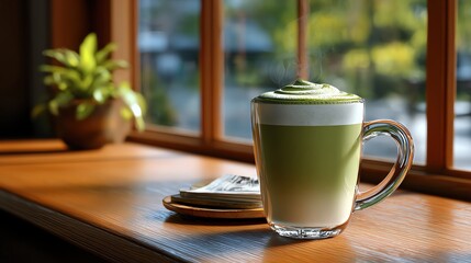 A stylish cup of green tea latte perched by a sunny window, creating a serene atmosphere perfect for relaxation.
