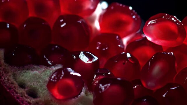 Close-Up Macro Shot of Bright Red Pomegranate Arils Glistening Under Studio Lighting