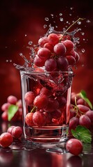 A vibrant splash of fresh grapes in a glass, showcasing refreshing juice and droplets against a dark background.