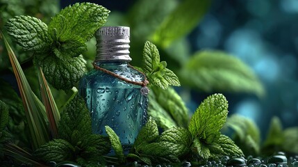 Close-up of a blue bottle surrounded by fresh green mint leaves, showcasing the essence of natural flavor and organic ingredients.
