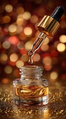 Close-up of a dropper bottle with golden oil, capturing the essence of luxury and beauty, perfect for skincare and wellness themes.