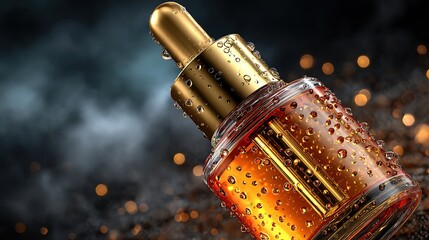 Close-up of a luxurious dropper bottle with shimmering oil droplets, set against a dramatic, smoky backdrop for an elegant effect.