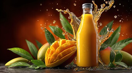 Fresh mango juice in a bottle with splashes and mangoes surrounded by green leaves, emphasizing vibrant colors and freshness.
