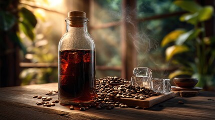 Freshly brewed coffee in a glass bottle, surrounded by coffee beans and ice cubes, evoking warmth and comfort in a cozy setting.