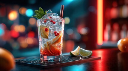 Refreshing cocktail with ice, fruit garnishes, and vibrant colors set against a blurred bar backdrop.