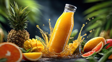 Refreshing fruit juice splash in a glass bottle surrounded by tropical fruits, perfect for summer vibes and healthy beverages.