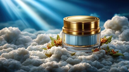 Luxurious skincare cream jar floating among clouds, illuminated by soft rays of light, evoking a sense of purity and tranquility.