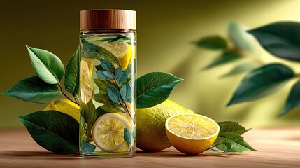 Refreshing glass infused with lemon slices and mint leaves, showcasing vibrant colors and natural freshness.
