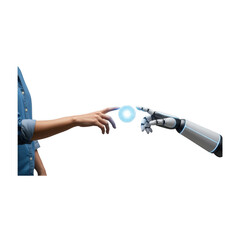Human and Robot Hands Interacting with Digital Sphere on Black. AI Partnership and Future Technology Connection.