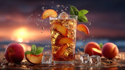 Refreshing iced tea with peach slices and mint leaves, perfect for summer evenings by the beach during sunset.