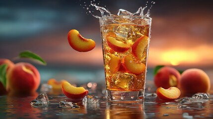 Refreshing iced tea with peach slices splashes in a glass, perfect for summer vibes and relaxation at sunset.