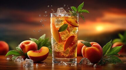 Refreshing iced tea garnished with fresh peaches and mint, perfect for hot summer days and outdoor gatherings.