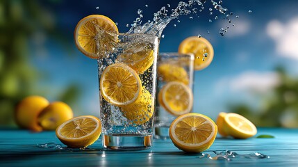 Refreshing lemonade splashes in a glass, capturing the essence of summer with vibrant lemons and cool water.