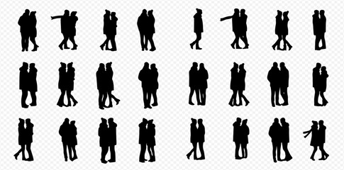 A collection of black silhouettes of couples in various poses, including standing, walking, and embracing, on a transparent background.