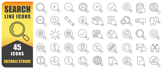 Search Line Icon Set. A Collection Of 45 Clean Thin Line Icons Featuring Magnifying Glass, Search Tools, Security, Data, And Information Concepts. Perfect For Apps, Websites. Isolated Vector Image.