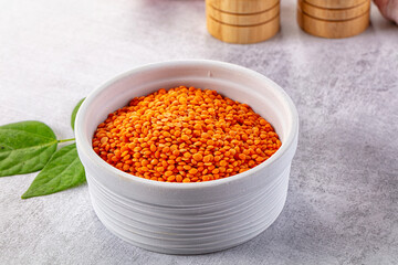 Raw dry red lentil in the bowl