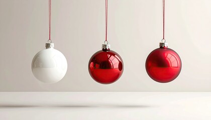 Three Christmas Ornaments in White and Red Hanging Against Pale Background for Holiday Celebration