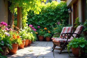 Tranquil Patio Oasis Colorful Flowers and Lush Greenery in Terracotta Pots, Perfect for Summer Relaxation and Urban Balcony Gardening