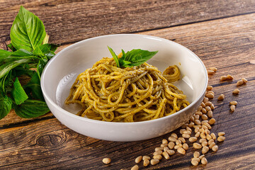 Italian green pasta with pesto sauce