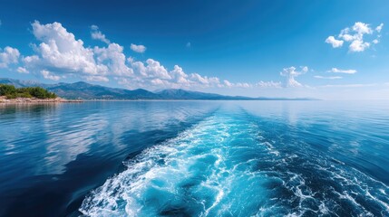 Vibrant Blue Ocean Surface with White Wake and Distant Shoreline Under a Bright Sunny Sky