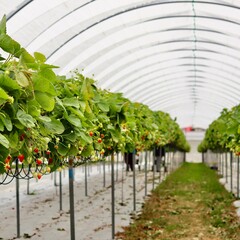 A long view down a central aisle of a polytunnel greenhouse, showing neat rows of strawberry plants under a white arched roof, symbolizing modern farming.