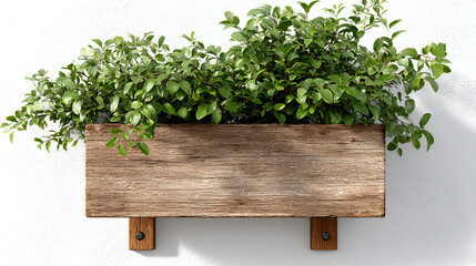 Lush, glossy green leaves of two separate plants sprout from the top, providing a fresh contrast to the dark, rough-hewn timber below