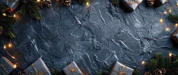 Christmas and New Year background with black stone texture, garland lights, gift boxes and pine branches border frame on dark slate table