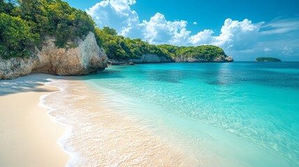 A tropical beach with turquoise waters, sandy shore and lush green cliffs under a bright blue sky, travel destination, summer holiday, relaxation, tropical paradise, coastal beauty and adventure.