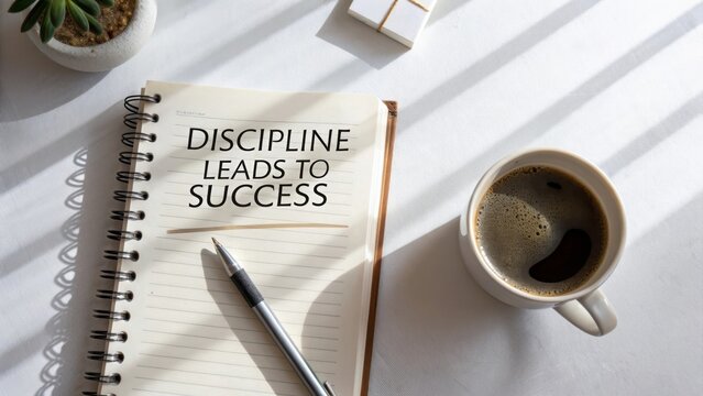 Inspirational Notebook with Quote on Discipline, Coffee Cup, and Sunlight on White Desk Surface
