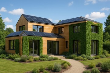 This modern home features solar panels and lush green walls, showcasing sustainable living. It blends innovative technology with natural beauty for eco-friendly design.