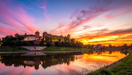 Sunset Over Wawel Castle Reflections in Vistula River With Vibrant Clouds and City Lights along the Bank in Krakow Poland