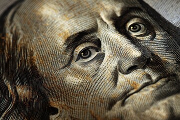 Close up of a realistic dollar bill showing intricate detail of Benjamin Franklin's face and fine engraving under natural light conditions