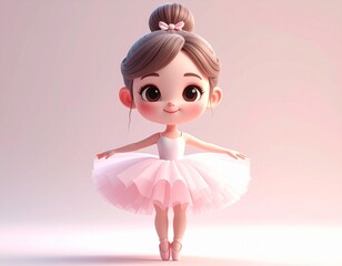 AI Generative Charming cartoon ballerina with a pink tutu, bun hairstyle, and ballet shoes, smiling gracefully.