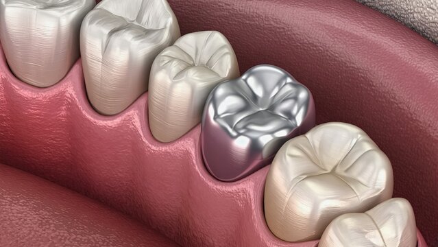3D rendered illustration of molar tooth with silver dental filling, symbolizing dentistry, dental restoration, amalgam filling, oral health, dental care, medical prosthetics and modern stomatology.