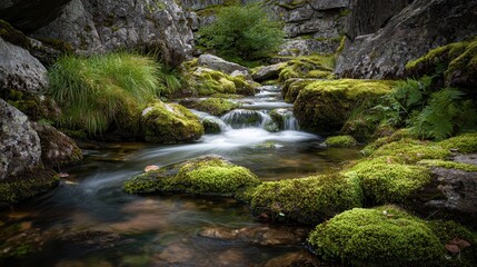 Flowing stream surrounded by lush greenery in serene forest landscape nature photography tranquil environment