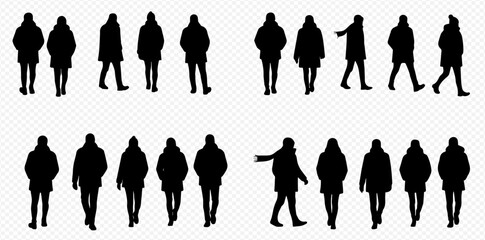 A collection of black silhouettes of people wearing winter coats, shown in various walking and standing poses.