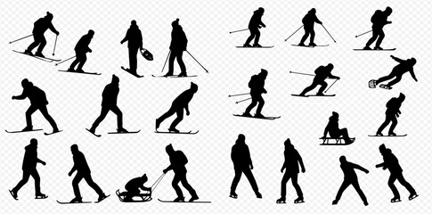 A collection of black silhouettes depicting people in various winter sports activities like skiing, sledding, and walking.
