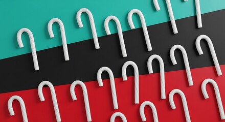 A vibrant abstract arrangement of white candy canes creating a dynamic pattern across a tri colored background of red black and teal