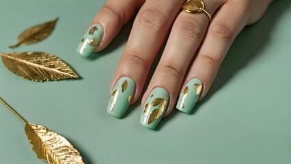 Mint Green Nails with Gold Leaf Accents