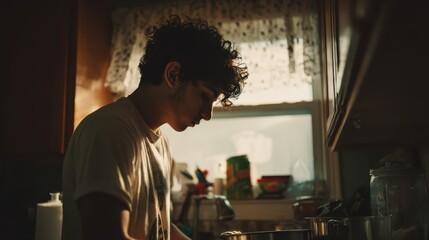 Cooking action kitchen location portrait content domestic environment side viewpoint culinary concept