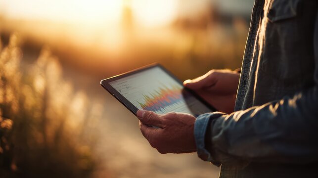 Analyzing business data trends using a tablet outdoor setting digital content golden hour informative perspective