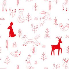 Vector pattern in Scandinavian style.Forest animals In red. For textile wrapping paper