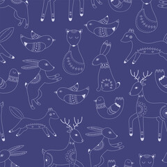 Vector pattern in Scandinavian style.Forest animals In blue. For textile wrapping paper