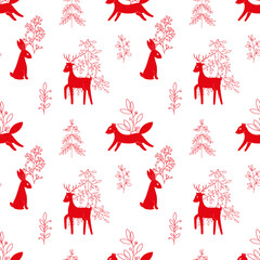 Vector pattern in Scandinavian style.Forest animals In red. For textile wrapping paper