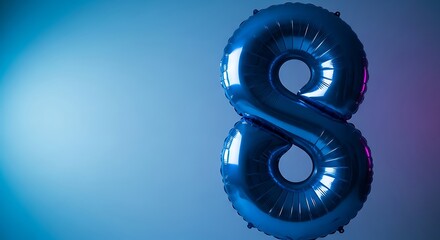 A shiny blue number eight balloon floats against a gradient background of blue and purple hues perfect for celebrations