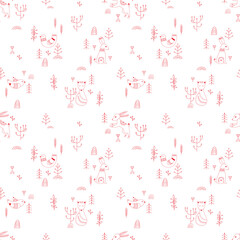 Vector pattern in Scandinavian style. Forest animals In red. For textile wrapping paper