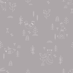 Vector pattern in Scandinavian style.Forest animals In gray. For textile wrapping paper