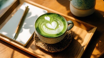 Enjoying a beautiful matcha latte coffee shop beverage photography cozy atmosphere close-up relaxation concept